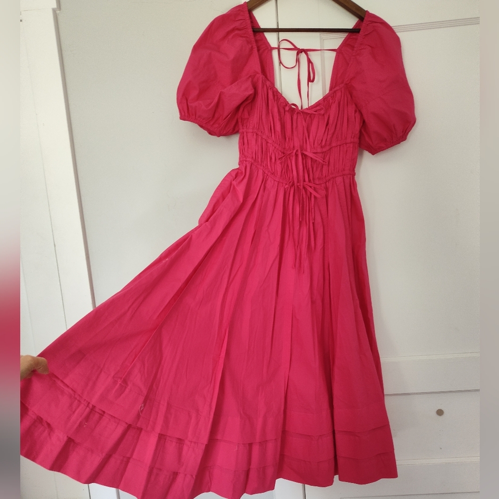 Ulla Johnson Palma Vibrant Barbie Pink Peasant Cotton Puff Sleeve Midi Dress - Picture 4 of 16
